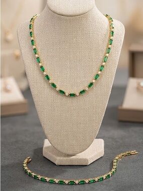 Set- New Gold and Green Baguette Tennis Choker and bracelet Set